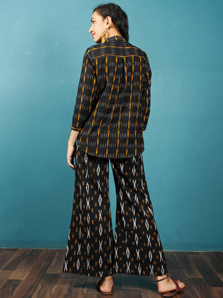 Black Mustard  White Hand Woven Ikat Top With Round Collar  - T37F723