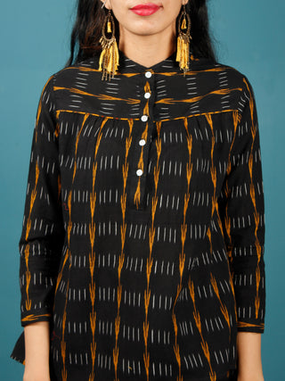 Black Mustard  White Hand Woven Ikat Top With Round Collar  - T37F723
