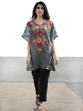 Grey Red Orange Green Aari Embroidered Short Kashmere Kaftan  - K11K045