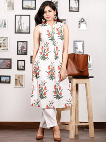 White Peach Green Hand Block Printed Kurta in Natural Colors With stand Collar - K77F1504