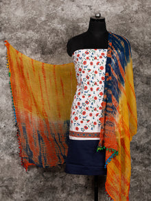 White Orange Green Hand Block Printed Cotton Suit-Salwar Fabric With Shibori Chiffon Dupatta (Set of 3) - SU01HB378