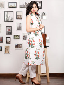 White Peach Green Hand Block Printed Kurta in Natural Colors With stand Collar - K77F1504
