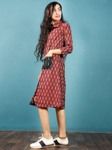 Maroon Black White Ikat Handwoven Shirt Dress With Front Pockets - D239F965
