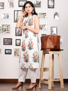 White Peach Green Hand Block Printed Kurta in Natural Colors With stand Collar - K77F1504