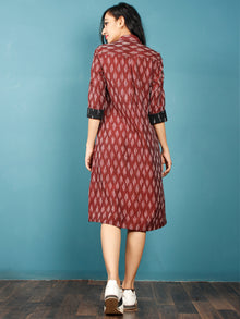Maroon Black White Ikat Handwoven Shirt Dress With Front Pockets - D239F965