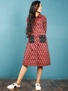 Maroon Black White Ikat Handwoven Shirt Dress With Front Pockets - D239F965