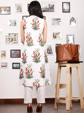 White Peach Green Hand Block Printed Kurta in Natural Colors With stand Collar - K77F1504