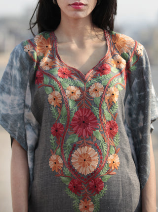 Grey Red Orange Green Aari Embroidered Short Kashmere Kaftan  - K11K045