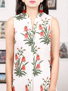 White Peach Green Hand Block Printed Kurta in Natural Colors With stand Collar - K77F1504