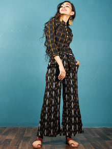 Black Grey Mustard Hand Woven Ikat Culottes Trousers With Belt- T032F813