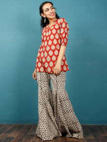 Rust Beige Black Hand Block Printed Cotton Top With Box Pleate - T40F890