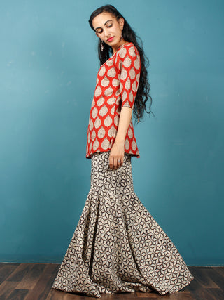 Ivory Black Hand Block Printed Semi Elasticated Waist Cotton Sharara  - Sh07F1345