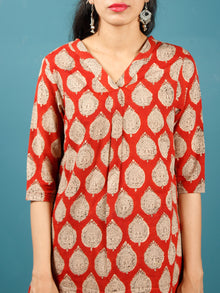 Rust Beige Black Hand Block Printed Cotton Top With Box Pleate - T40F890