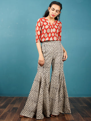 Ivory Black Hand Block Printed Semi Elasticated Waist Cotton Sharara  - Sh07F1345