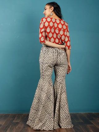 Ivory Black Hand Block Printed Semi Elasticated Waist Cotton Sharara  - Sh07F1345