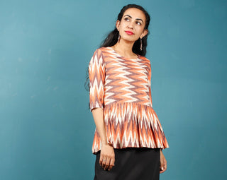 Peach Ivory Brown Hand Woven Ikat Top With Gathers - T38F1227