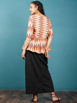 Peach Ivory Brown Hand Woven Ikat Top With Gathers - T38F1227