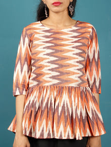 Peach Ivory Brown Hand Woven Ikat Top With Gathers - T38F1227