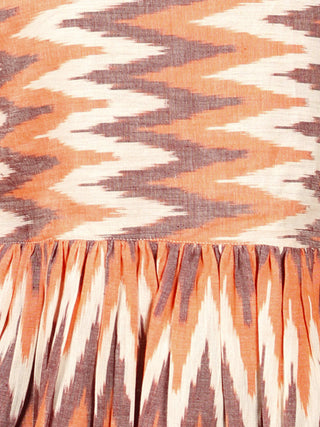 Peach Ivory Brown Hand Woven Ikat Top With Gathers - T38F1227