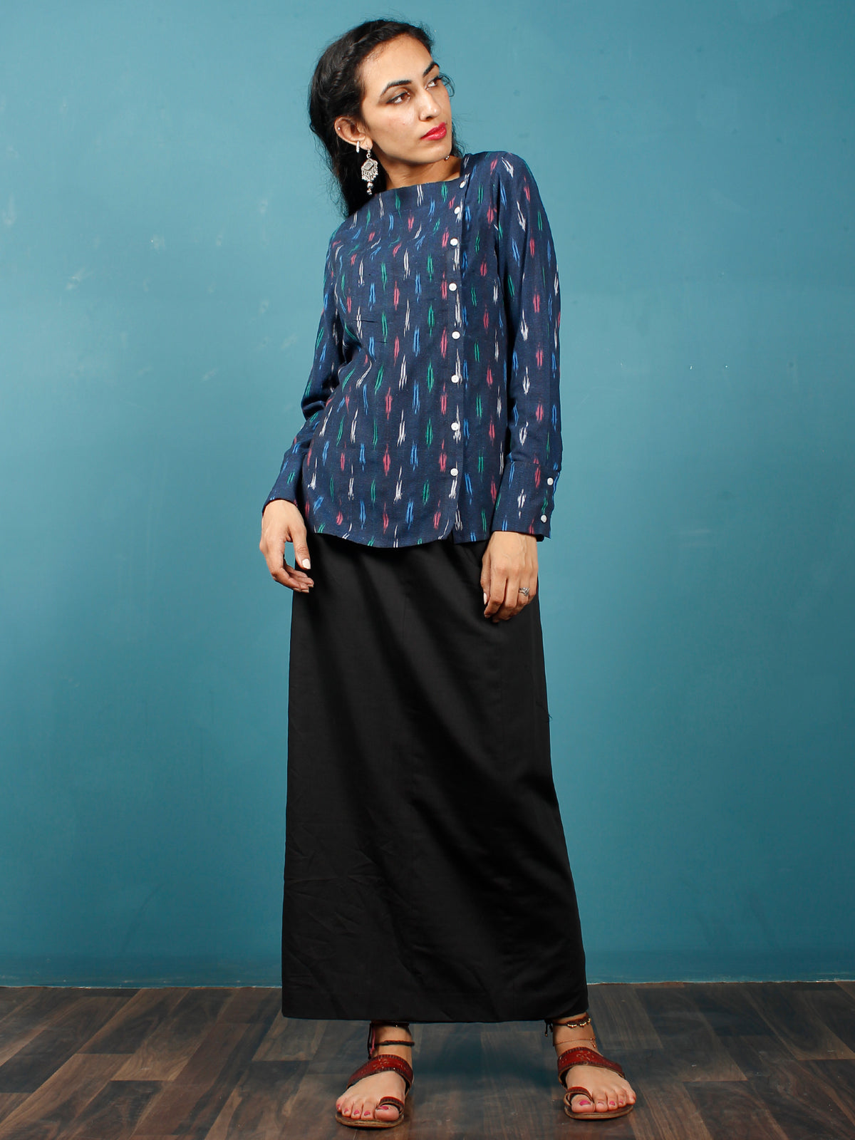 Indigo Green Pink White Hand Woven Ikat Top  - T39F735