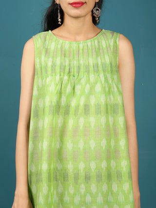 Green White Maroon Hand Woven Ikat Cotton Tunic With Pintuck  - Tun07F1230