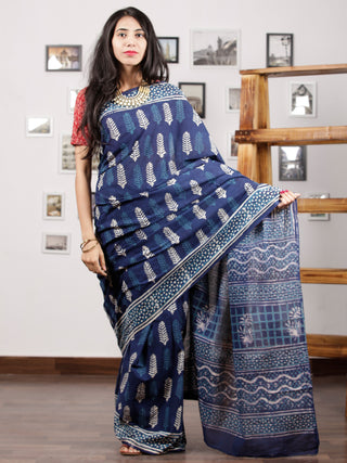 Indigo Blue White Hand Block Printed Cotton Mul Saree - S031703005