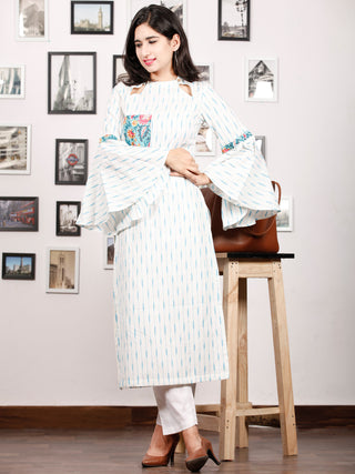 Ivory Sky Blue Hand Woven Ikat Kurta With Bell Sleeves - K78F1469