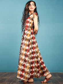 Brown Maroon Mustard Beige Hand Block Printed Long Cotton Panel Dress With Petal Sleeves  - D224F1323