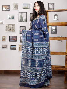 Indigo Blue White Hand Block Printed Cotton Mul Saree - S031703005