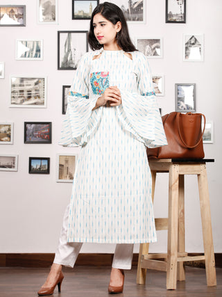 Ivory Sky Blue Hand Woven Ikat Kurta With Bell Sleeves - K78F1469