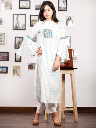 Ivory Sky Blue Hand Woven Ikat Kurta With Bell Sleeves - K78F1469