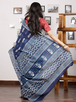 Indigo Blue White Hand Block Printed Cotton Mul Saree - S031703005