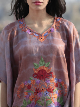 Brown Lavender Green Red Orange Aari Embroidered Short Kashmere Kaftan  - K11K046