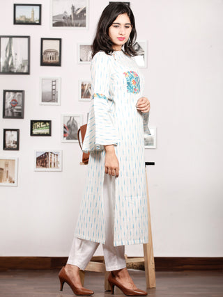 Ivory Sky Blue Hand Woven Ikat Kurta With Bell Sleeves - K78F1469