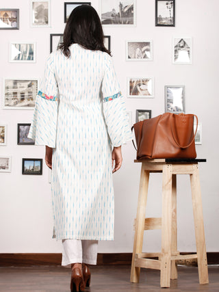 Ivory Sky Blue Hand Woven Ikat Kurta With Bell Sleeves - K78F1469