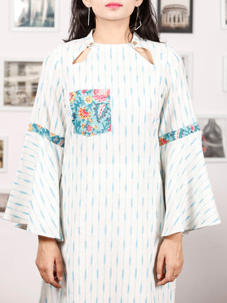 Ivory Sky Blue Hand Woven Ikat Kurta With Bell Sleeves - K78F1469