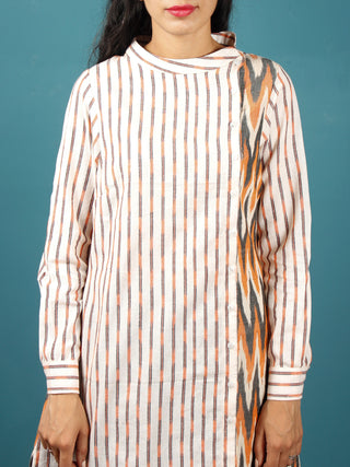 Off White Orange Grey Hand Woven Ikat Cotton Tunic With Front Collar  - Tun09F1468