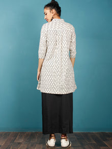 Off White Grey Hand Woven Ikat Cotton Tunic With Stand Collar  - Tun08F751