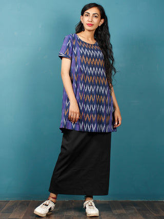 Purple Indigo White Mustard Hand Woven Ikat Cotton Tunic With Box Pleates - Tun03F1231