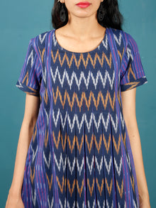 Purple Indigo White Mustard Hand Woven Ikat Cotton Tunic With Box Pleates - Tun03F1231