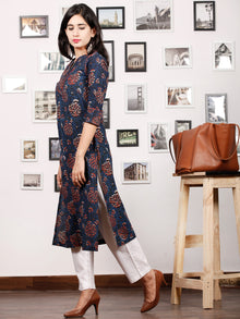 Indigo Rust Green Beige Hand Block Printed Kurta in Natural Colors With Pintuck - K79F1341