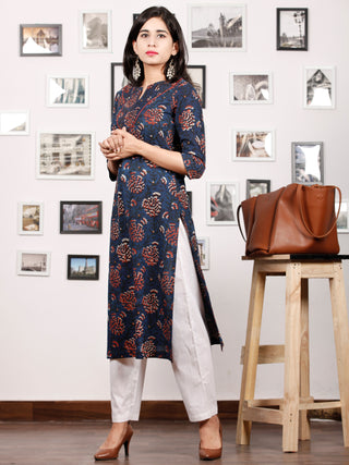 Indigo Rust Green Beige Hand Block Printed Kurta in Natural Colors With Pintuck - K79F1341