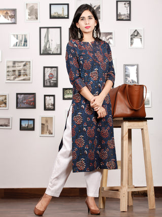 Indigo Rust Green Beige Hand Block Printed Kurta in Natural Colors With Pintuck - K79F1341