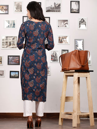 Indigo Rust Green Beige Hand Block Printed Kurta in Natural Colors With Pintuck - K79F1341
