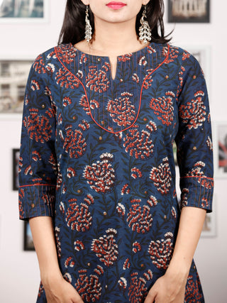 Indigo Rust Green Beige Hand Block Printed Kurta in Natural Colors With Pintuck - K79F1341