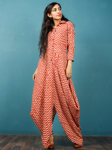 Red Beige Hand Block Printed Cotton Cowl Dress With Shirt Collar And Side Pockets - D269F1359