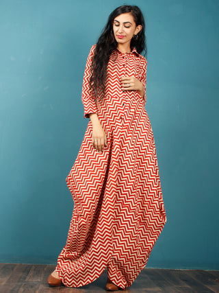 Red Beige Hand Block Printed Cotton Cowl Dress With Shirt Collar And Side Pockets - D269F1359