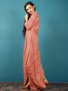 Red Beige Hand Block Printed Cotton Cowl Dress With Shirt Collar And Side Pockets - D269F1359