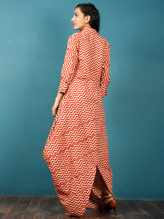Red Beige Hand Block Printed Cotton Cowl Dress With Shirt Collar And Side Pockets - D269F1359