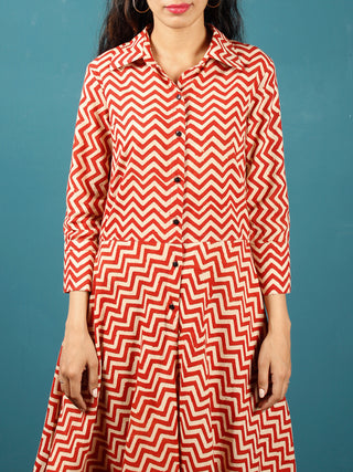 Red Beige Hand Block Printed Cotton Cowl Dress With Shirt Collar And Side Pockets - D269F1359